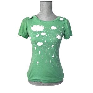 VINTAGE Y2K Light Green Puff Sleeve Tee Shirt with Clouds XS